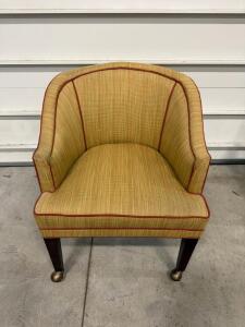 Barrel-Back Upholstered Club Chair with Brass Casters, Yellow/Red Stripe, Hardwood Frame