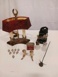 Mixed Lot: Vintage Lamps, Schilling Spice Tin, Place Card Holders, Candle Snuffer, Shakers