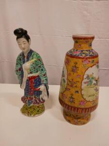Hand-Painted Chinese Porcelain Geisha Figurine and Famille Rose Vase, 10-12 in, Multicolor