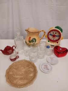 Vintage Glassware & Ceramic Collectibles Lot - Decanter, Tumblers, Rooster Pitcher, Toy Clock