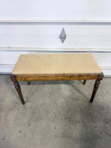 Vintage Wooden Upholstered Piano/Entryway Bench, Brown Frame, Beige Fabric, 30"x14"x18" Approx.