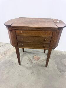 Antique Oak Sewing Machine Cabinet Table, 3 Drawers, Side Wings, ~34"x19"x31"