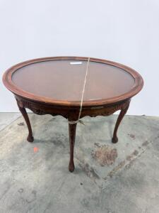 Antique Oval Glass-Top Side Table with Carved Legs, Approx. 30"x23"x24", Wood, 1920s-1950s