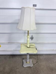 Vintage Mid-Century Floor Lamp with Integrated Table, Wooden Base, Brass Accents, Scalloped Shade