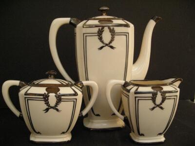 Limoges France Porcelain Art Deco Tea Set w/ Laurel & Silver Accents, 3 Pieces ( R12 )