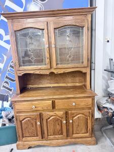 Traditional Oak China Cabinet with Beveled Glass Doors and Drawers