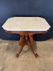 Victorian Marble Top Parlor Table, Carved Walnut Base, Ornate Scrollwork, 30"x22"x29"