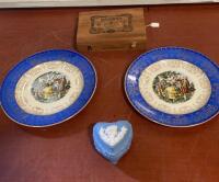 Mayorga Nicaragua Cigar Box, Rococo Porcelain Plates Pair, Blue Heart Jasperware Box ( SP3 )