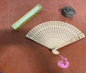 Traditional Chinese Sandalwood Folding Fan with Intricate Carvings and Pink Tassel ( SP3 )