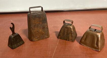 "Guess what? I got a fever, and the only prescription is more cowbell." - Vintage Set of 4 Metal Cowbells with Unique Hooked Top and Varying Sizes ( SP3 )