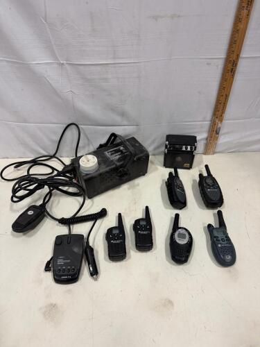 Assorted Two-Way Radios Midland GXT, Motorola T5000, Cobra MicroTalk, Fog Machine, Radar Detector, Mini Amp