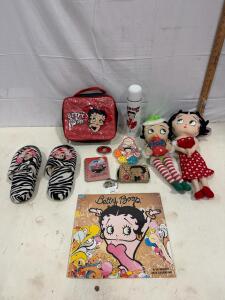 Betty Boop Collectibles Lot: Plush Dolls, Lunchbox, Calendar, Slippers, Wallet & More