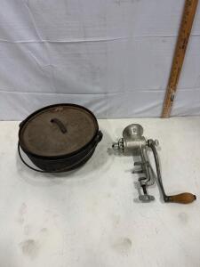 Universal No. 2 Hand-Crank Meat Grinder & 10" Cast Iron Dutch Oven with Lid and Bail Handle