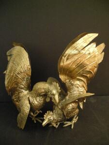 Pair Brass Rooster Statues, 10" Tall, Mid-Century Vintage Decorative Sculptures, Detailed Feathers