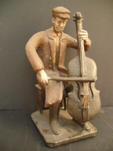 Handcrafted Folk Art Clay Sculpture &mdash; Seated Man Playing Cello, Approx. 10.5&rdquo; Tall