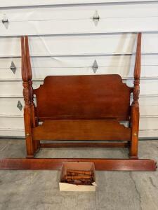 Traditional Four-Poster Cherry Queen Bed Frame with Fluted Posts & Carved Wheat Motif, Extra Finials