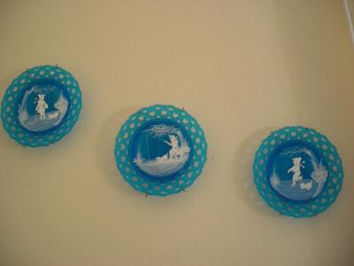 Hand-Painted Blue Satin Milk Glass Plates by Westmoreland, Signed by N. & L. Laughead, 1980