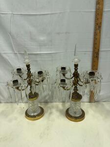 Pair Vintage 4-Light Crystal & Brass Candelabra Lamps with Glass Prisms, 17" Tall