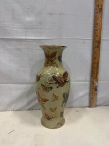 Chinese Crackle Glaze Vase, 12 in, Hand-Painted Butterfly Motif, Gold Trim, Ceramic