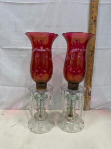 Pair Hand-Etched Cranberry Glass Mantle Luster Candleholders with Crystal Prisms, 14 Inch