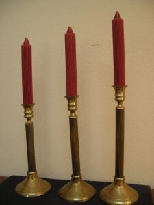Set of 3 Tall Brass Fluted Candlestick Holders, Classic Column Design, Round Base