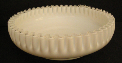 Fenton Silver Crest Milk Glass Bowl, 10.5" Diameter, Ruffled Edge, Embossed Logo, USA Made