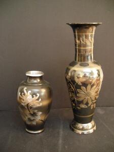 Pair of Solid Brass Decorative Vases &ndash; India & Japan, Floral Etched Black Enamel, 12&rdquo; & 8&rdquo; Tall