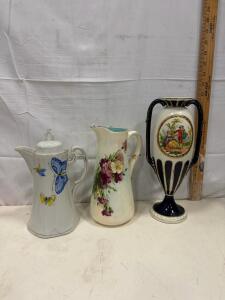 Antique Porcelain Vase & Pitcher Trio &ndash; Rococo Scene, Floral Jug, Butterfly Pot &ndash; Handpainted