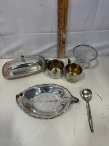 Vintage Silver-Plated Tableware Lot: Butter Dish, Leaf Tray, Cups, Compote, Spoon