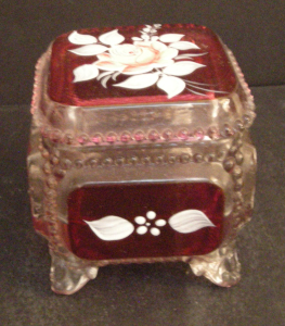Hand-Painted Ruby Glass Trinket Box, 1977, Signed A. Green, Beaded Edge, Floral Design, 4-Footed ( R12 )