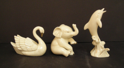 Lenox Porcelain Dolphin, Elephant, Swan, and Miniature Chair Figurines with Gold Accents ( R12 )