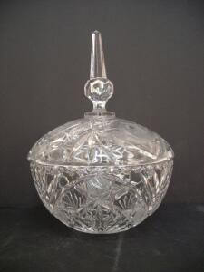 Cut Crystal Candy Jar with Lid, Frosted Rose Motif, 6-7" Diameter, Deep Cut Pattern ( R12 )