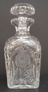 Cut Crystal Whiskey Decanter with Stopper, Floral Etched 25 oz, Heavy Square Base 10" Tall ( R12 )