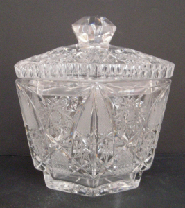 Vintage Cut Glass Hexagonal Candy Jar with Lid, Starburst Pattern, 5.5" H x 5" W ( R12 )