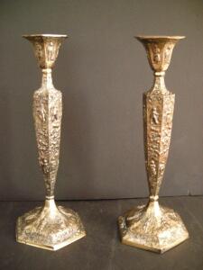 Bursch & Co. Silver-Plated Candlesticks, Model 3966, 11" Tall, Embossed Design ( R12 )