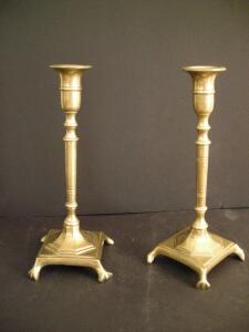 Pair of Brass Candlesticks, Square Base with Paw Feet, 10" Georgian Colonial Revival Style ( R12 )