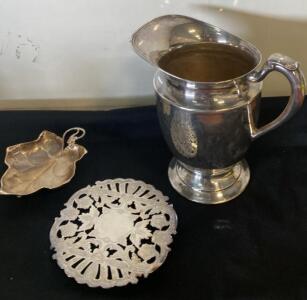 Vintage Silver-Plated Tableware Set &ndash; Ornate Pitcher, Leaf Dish, Floral Trivet, 1940s&ndash;1970s ( R12 )