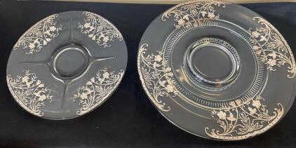 Ornate Glass Relish Tray and Platter Set, Etched Floral, Silver Overlay, c. 1930s-1950s, 12"-14" Dia (R12 )