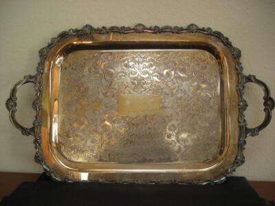 Vintage Silver-Plated Serving Tray with Ornate Handles and Engraved Floral Patterns ( R12 )