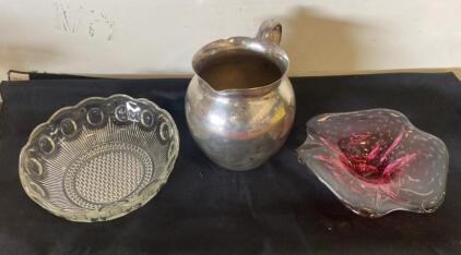 Wilcox Silver Soldered Pitcher 792, Pressed Glass Bowl, Pink Murano-Style Art Glass Bowl ( R12 )