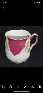 Hand-Painted Porcelain Mustache Cup, Victorian-Style, Pink & Gold Floral, Likely English, c. 1880-1920