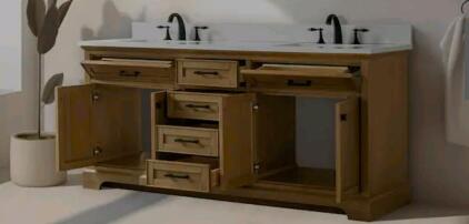 72" Oak Double Sink Milano Collection Bathroom Vanity w/ Quartz Top & Sinks ML-72-OKV