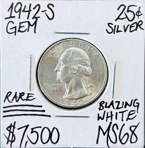 1942-S Washington Quarter MS68 GEM, Blazing White, 90% Silver, San Francisco Mint