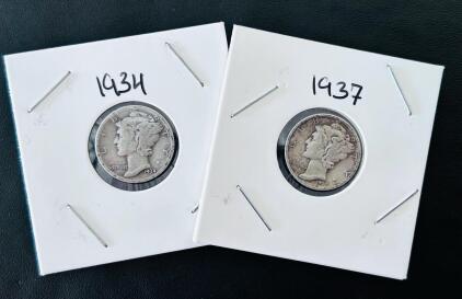 1934 & 1937 Mercury Dimes, Philadelphia Mint, 90% Silver, Winged Liberty Head, Circulated Coins
