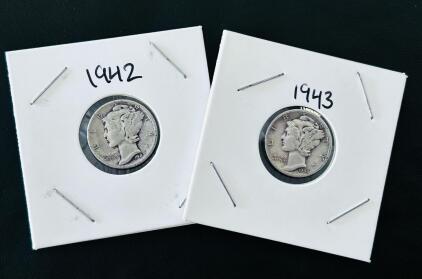1942 & 1943 Mercury Liberty Dimes, 90% Silver, Circulated, Philadelphia Mint Likely