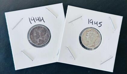 1944 & 1945 U.S. Mercury Dimes, 90% Silver, Philadelphia Mint