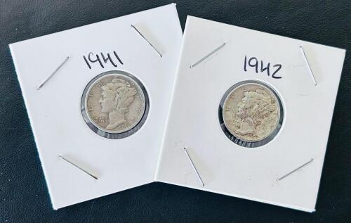 1941 & 1942 Mercury Dimes, 90% Silver, Circulated Condition