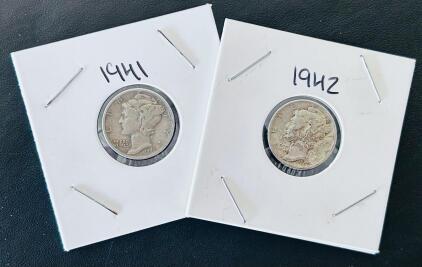 1941 & 1942 Mercury Dimes, 90% Silver, Circulated Condition
