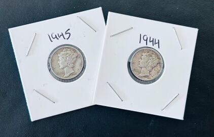 1944 & 1945 Mercury Silver Dimes - Winged Liberty Head, 90% Silver, Adolph Weinman Design