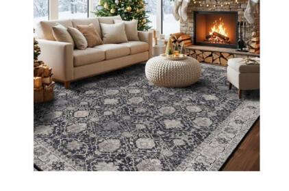 Elegant 10x14 Vintage Washable Area Rug, Non-Slip Backing, Stain Resistant, Gray/Blue Pattern